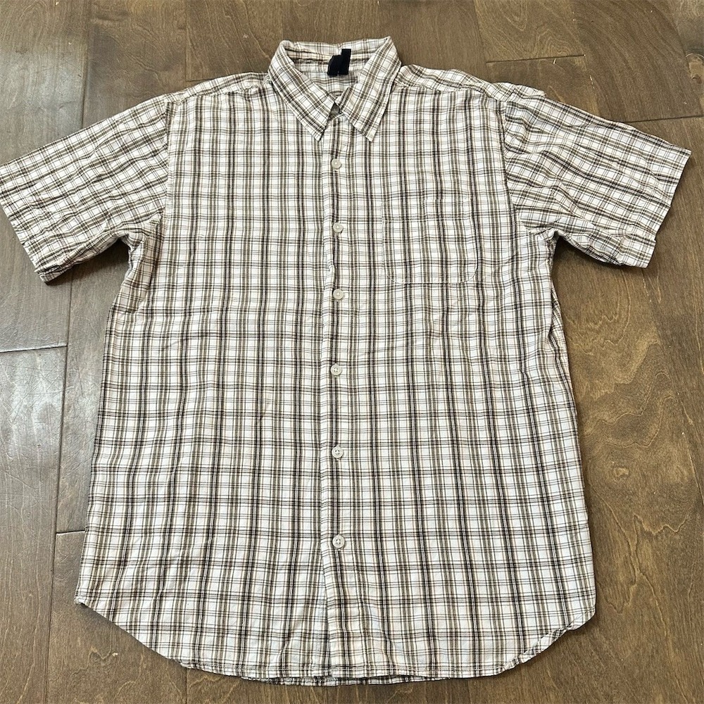 J Crew Shirt Men's XL Brown/White Plaid Short Sleeve Button-Up Chest Pocket‎